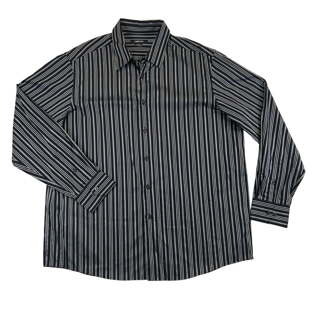 Claiborne Dress Shirt Mens XL Black Stripe Classic Fit Cotton Button Front LS